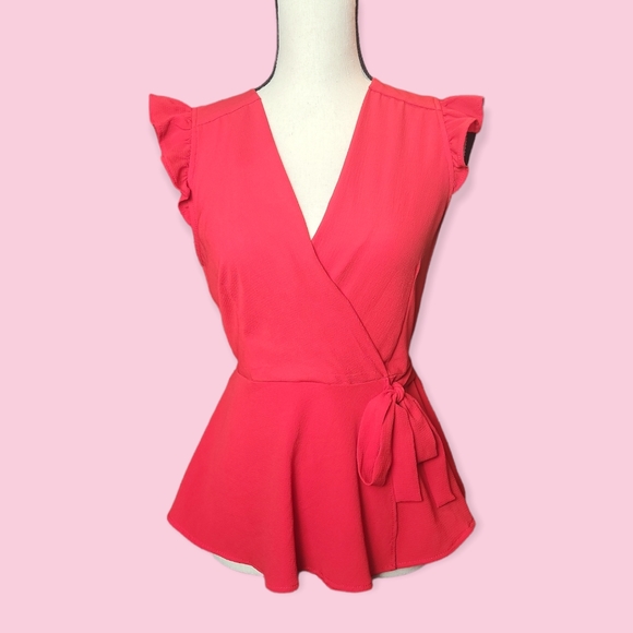 Monteau Tops - Red Ruffle Sleeve Wrap Top Size Medium